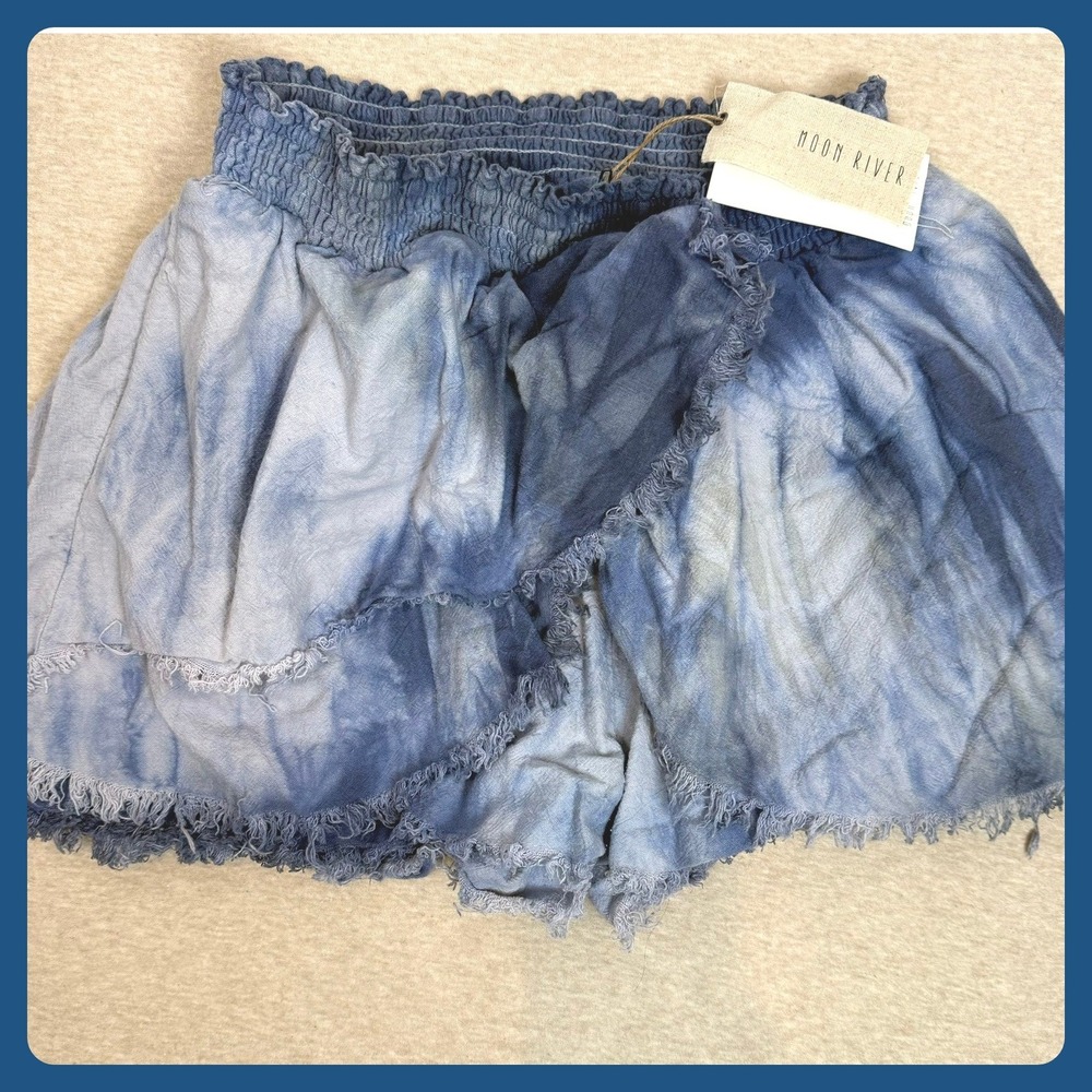 Moon River Tie Dye Ruffle Skort Smocked‎ Waist Distressed Fringe Womens L